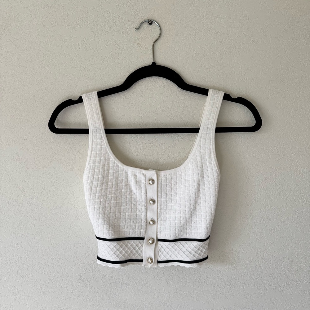 Aritzia Babaton White Textured Crop Top with Black Trim